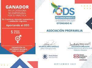 Certificado ASOCIACIÓN PROFAMILIA reconocimiento ODS 5