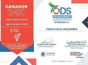 Certificado Coca Cola Colombia reconocimiento ODS 5