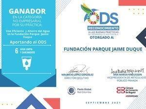 Certificado FUNDACIÓN PARQUE JAIME DUQUE reconocimiento ODS 6