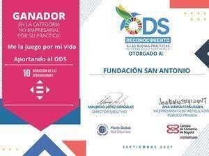 Certificado Fundación San Antonio. reconocimiento ODS 10