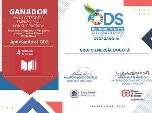 Certificado Grupo Energía de Bogotá reconocimiento ODS 4