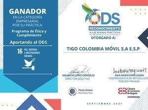 Certificado TIGO COLOMBIA MÓVILreconocimiento ODS 16