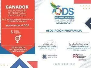 Certificado ASOCIACIÓN PROFAMILIA reconocimiento ODS 5