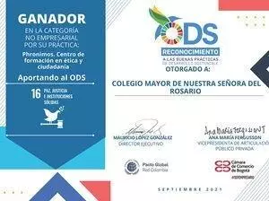 Certificado Colegio Mayor de Nuestra Señora del Rosario reconocimiento ODS 16