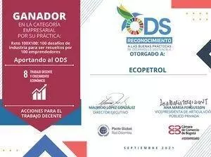 Certificado ECOPETROL reconocimiento ODS 8