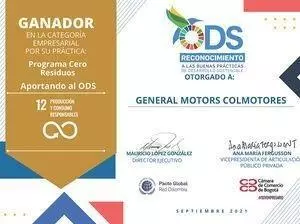 Certificado General Motors Colmotores reconocimiento ODS 12