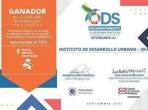 Certificado INSTITUTO DE DESARROLLO URBANO IDU reconocimiento ODS 9