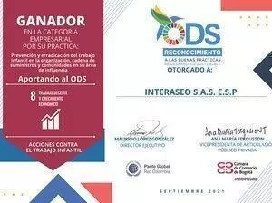 Certificado Interaseo S.A.S. E.S.P reconocimiento ODS 8