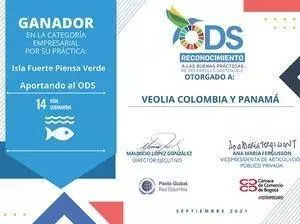 Certificado Veolia Colombia y Panamá reconocimiento ODS 14
